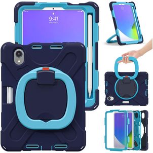 Mobigear RingGuard Coque iPad Mini 6 (2021) Coque arrière en Plastique rigide,Silicone + Porte-crayon + Bandoulière + Support Amovible - Bleu