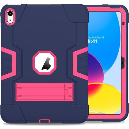 Mobigear ShieldStand Coque iPad 10 (2022) Coque arrière en Plastique rigide,Silicone + Support Amovible - Rose / Bleu Marin