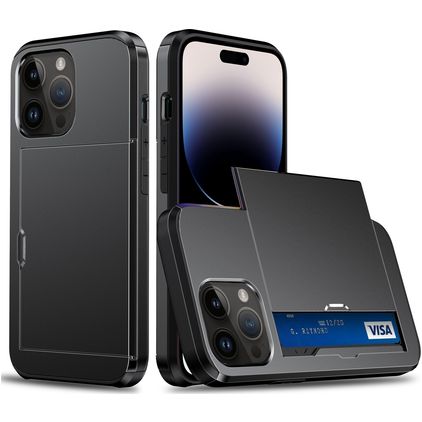 Mobigear Card Coque iPhone 15 Pro Max Coque arrière Rigide Anti-Chocs avec Porte-Cartes - Noir