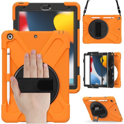 Mobigear SureGrip XGuard Coque iPad 9 (2021) Coque arrière en Plastique rigide,Silicone + Porte-crayon + Bandoulière + Support Amovible - Orange