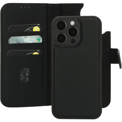 Mobiparts Housse iPhone 15 Pro Max MagSafe Etui avec Coque Détachable en Cuir Véritable Porte-Monnaie - Noir