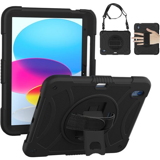 Mobigear SureGrip Coque iPad 10 (2022) Coque Arrière Rigide Antichoc + Porte-crayon + Bandoulière + Support Amovible - Noir