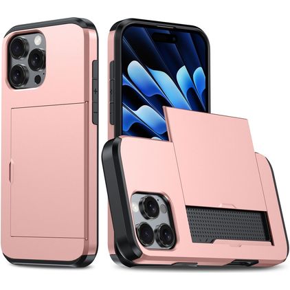 Mobigear Card Coque iPhone 16 Pro Max Coque arrière Rigide Anti-Chocs avec Porte-Cartes - Rose doré