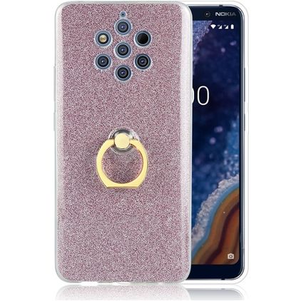 Mobigear Glitter Ring Coque Nokia 9 PureView Coque arrière en TPU Souple avec Anneau-Support - Rose doré