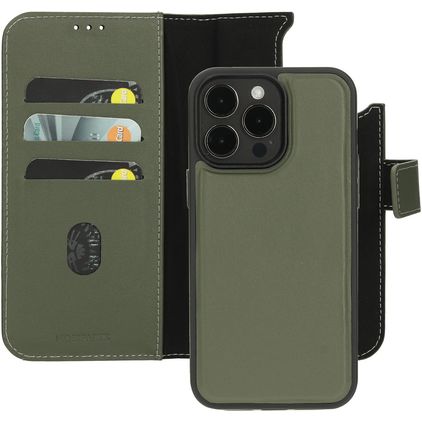 Mobiparts Housse iPhone 15 Pro Max MagSafe Etui avec Coque Détachable en Cuir Véritable Porte-Monnaie - Vert