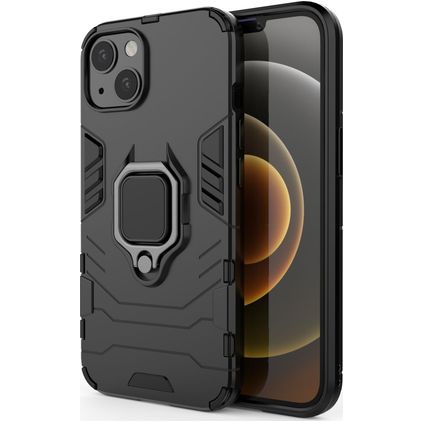 Mobigear Armor Ring iPhone 13 Plastique rigide Coque arrière Antichoc avec bague de maintien - Noir