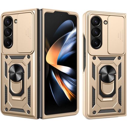 Mobigear Armor Ring Cam Slide Coque Samsung Galaxy Z Fold 7 Coque arrière Rigide Anti-Chocs avec Anneau-Support et Protecteur Lentilles - Or