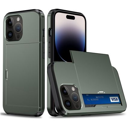 Mobigear Card Coque iPhone 15 Pro Max Coque arrière Rigide Anti-Chocs avec Porte-Cartes - Vert armée