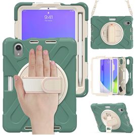 Mobigear SureGrip XGuard Coque iPad Mini 7 (2024) Coque arrière en Plastique rigide,Silicone + Porte-crayon + Bandoulière + Support Amovible - Vert