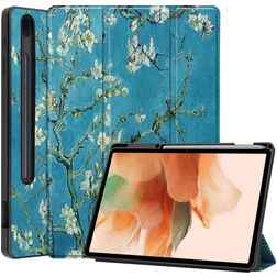Mobigear Tri-Fold Gel Coque Samsung Galaxy Tab S7 FE Etui en TPU,Similicuir + Porte-crayon - Fleurs d'amande