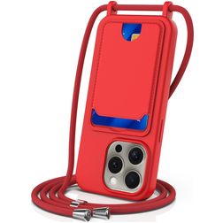 Mobigear Lanyard Card iPhone 16 Pro Max Coque avec cordon en Silicone et Porte-Cartes - Rouge