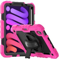 Mobigear SureGrip Xtreme Coque iPad Mini 6 (2021) Coque arrière en Plastique rigide,Silicone + Porte-crayon + Bandoulière + Support Amovible - Noir / Rose