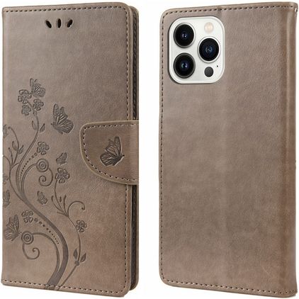 Mobigear Flowers Housse iPhone 14 Pro Etui Porte-Monnaie - Gris