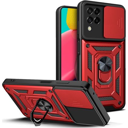 Mobigear Armor Ring Cam Slide Samsung Galaxy M53 Plastique rigide Coque arrière Antichoc avec bague de maintien - Rouge