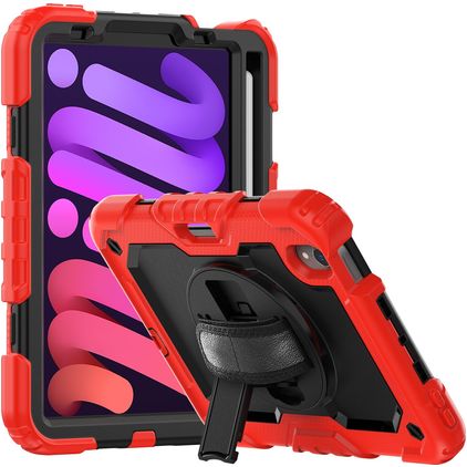 Mobigear SureGrip Xtreme Coque iPad Mini 7 (2024) Coque arrière en Plastique rigide,Silicone + Porte-crayon + Bandoulière + Support Amovible - Noir / Rouge