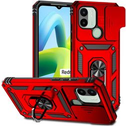 Mobigear Armor Ring Cam Slide Xiaomi Redmi A1 4G Plastique rigide Coque arrière Antichoc avec bague de maintien et cache caméra coulissant - Rouge