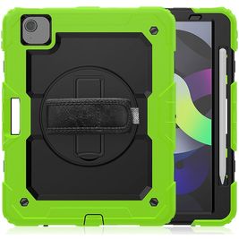 Mobigear SureGrip Xtreme Coque iPad Air 5 (2022) Coque arrière en Plastique rigide,Silicone + Porte-crayon + Bandoulière + Support Amovible - Noir / Vert