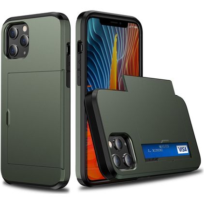 Mobigear Card Coque iPhone 12 Coque arrière Rigide Anti-Chocs avec Porte-Cartes - Vert armée
