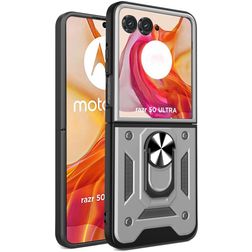 Mobigear Armor Ring Motorola Razr 50 Ultra Plastique rigide Coque arrière Antichoc avec bague de maintien - Argent