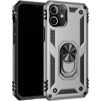Mobigear Armor Ring Coque iPhone 12 Coque arrière Rigide Anti-Chocs avec Anneau-Support - Argent