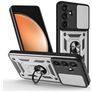 Mobigear Armor Ring Cam Slide Samsung Galaxy S26 FE Plastique rigide Coque arrière Antichoc avec bague de maintien et cache caméra coulissant - Argent