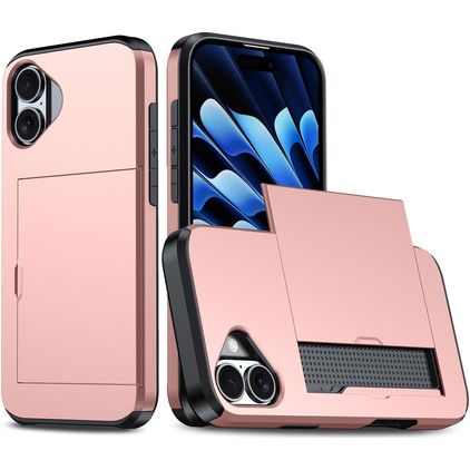 Mobigear Card Coque iPhone 16 Plus Coque arrière Rigide Anti-Chocs avec Porte-Cartes - Rose doré