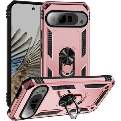 Mobigear Armor Ring Coque Google Pixel 9 Pro XL Coque arrière Rigide Anti-Chocs avec Anneau-Support - Rose doré