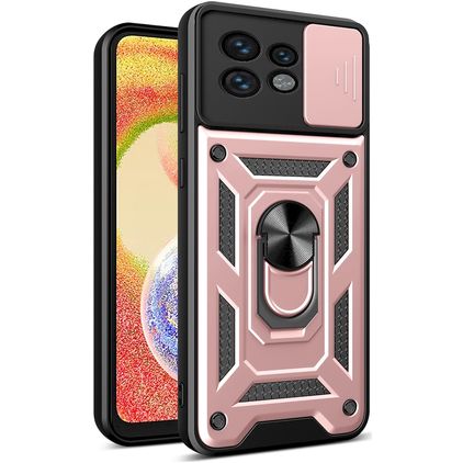 Mobigear Armor Ring Cam Slide Motorola Edge 40 Pro Plastique rigide Coque arrière Antichoc avec bague de maintien et cache caméra coulissant - Rose doré