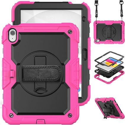 Mobigear SureGrip Xtreme Coque iPad 10 (2022) Coque arrière en Plastique rigide,Silicone + Bandoulière + Support Amovible - Noir / Rose