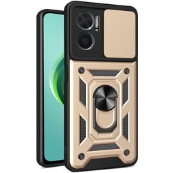 Mobigear Armor Ring Cam Slide Xiaomi Redmi 10 5G Plastique rigide Coque arrière Antichoc avec bague de maintien et cache caméra coulissant - Or