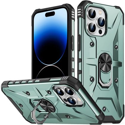 Mobigear Armor Ring iPhone 14 Pro Max Plastique rigide Coque arrière Antichoc avec bague de maintien - Vert