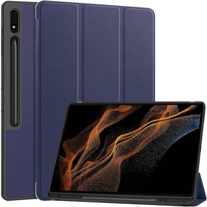 Mobigear Tri-Fold Gel Coque Samsung Galaxy Tab S9 Ultra Etui en TPU,Similicuir + Porte-crayon - Dark Blue