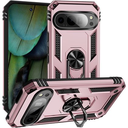 Mobigear Armor Ring Coque Google Pixel 9 Coque arrière Rigide Anti-Chocs avec Anneau-Support - Rose doré