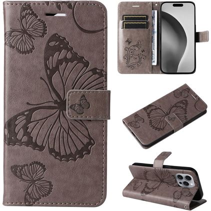 Mobigear Butterfly Housse iPhone 16 Pro Max Etui Porte-Monnaie - Gris