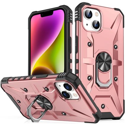 Mobigear Armor Ring Coque iPhone 14 Coque arrière Rigide Anti-Chocs avec Anneau-Support - Rose doré