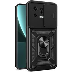 Mobigear Armor Ring Cam Slide Xiaomi 13 Plastique rigide Coque arrière Antichoc avec bague de maintien et cache caméra coulissant - Noir