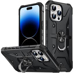 Mobigear Armor Ring iPhone 14 Pro Plastique rigide Coque arrière Antichoc avec bague de maintien - Noir