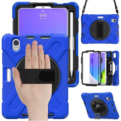 Mobigear SureGrip XGuard Coque iPad Mini 7 (2024) Coque arrière en Plastique rigide,Silicone + Porte-crayon + Bandoulière + Support Amovible - Bleu
