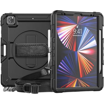 Mobigear SureGrip Xtreme Coque iPad Pro 12.9 Pouces (2022) Coque arrière en Plastique rigide,Silicone + Porte-crayon + Bandoulière + Support Amovible - Noir