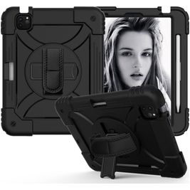 Mobigear SureGrip Xtreme Coque iPad Air 4 (2020) Coque arrière en Plastique rigide,Silicone + Porte-crayon + Bandoulière + Support Amovible - Noir