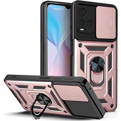 Mobigear Armor Ring Cam Slide Coque Vivo Y33s Coque arrière Rigide Anti-Chocs avec Anneau-Support et Protecteur Lentilles - Rose doré