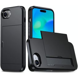 Mobigear Card Coque iPhone 16e Coque arrière Rigide Anti-Chocs avec Porte-Cartes - Noir