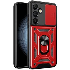 Mobigear Armor Ring Cam Slide Coque Samsung Galaxy S24 FE Coque arrière Rigide Anti-Chocs avec Anneau-Support et Protecteur Lentilles - Rouge