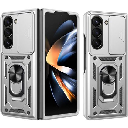 Mobigear Armor Ring Cam Slide Coque Samsung Galaxy Z Fold 7 Coque arrière Rigide Anti-Chocs avec Anneau-Support et Protecteur Lentilles - Argent