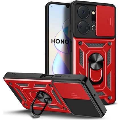 Mobigear Armor Ring Cam Slide Coque HONOR X7A Coque arrière Rigide Anti-Chocs avec Anneau-Support et Protecteur Lentilles - Rouge
