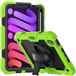 Mobigear SureGrip Xtreme Coque iPad Mini 6 (2021) Coque arrière en Plastique rigide,Silicone + Porte-crayon + Bandoulière + Support Amovible - Noir / Vert