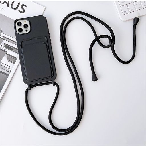 Mobigear Lanyard Card iPhone 15 Pro Max Coque avec cordon en Silicone et Porte-Cartes - Noir