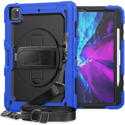 Mobigear SureGrip Xtreme iPad Pro 12,9 pouces (2020) Plastique rigide / Silicone Coque arrière + Porte-stylet + Bandoulière + Support - Noir / Bleu