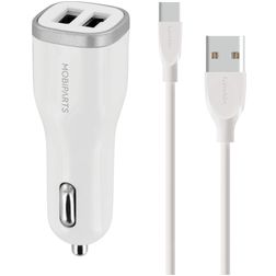 Mobiparts - Double USB Chargeur voiture USB-C 1 mètre 12W 2.4A - Blanc