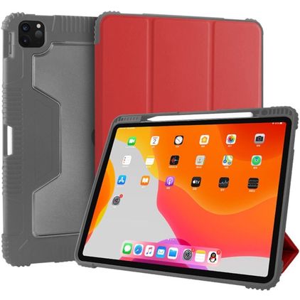 Mutural Tri-Fold Tough Coque iPad Pro 12.9 Pouces (2022) Etui + Porte-crayon - Noir / Rouge